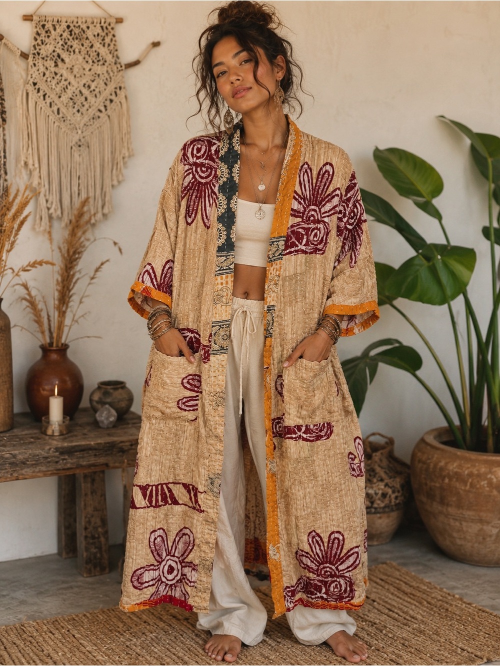 SHE’S1OAK reversible Kantha Kimono Robe - Beige & Burgundy/Orange & Red